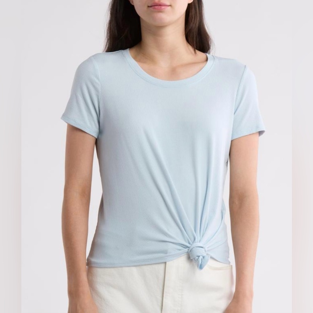1. State Sky Blue Knot Front Hem Rib Short Sleeve T-Shirt NWOT Size XS